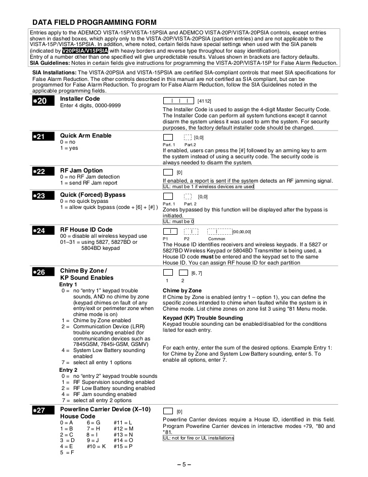 Honeywell Vista 20p Programming Guide Pdf